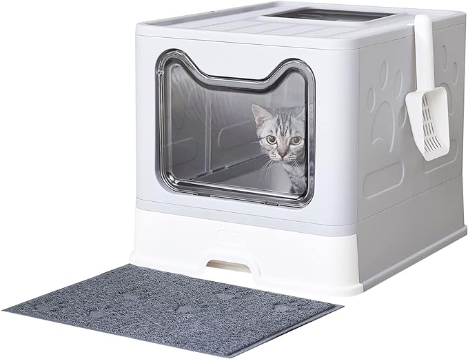 Foldable Cat Litter Box with Mat & Scoop – Grey Color